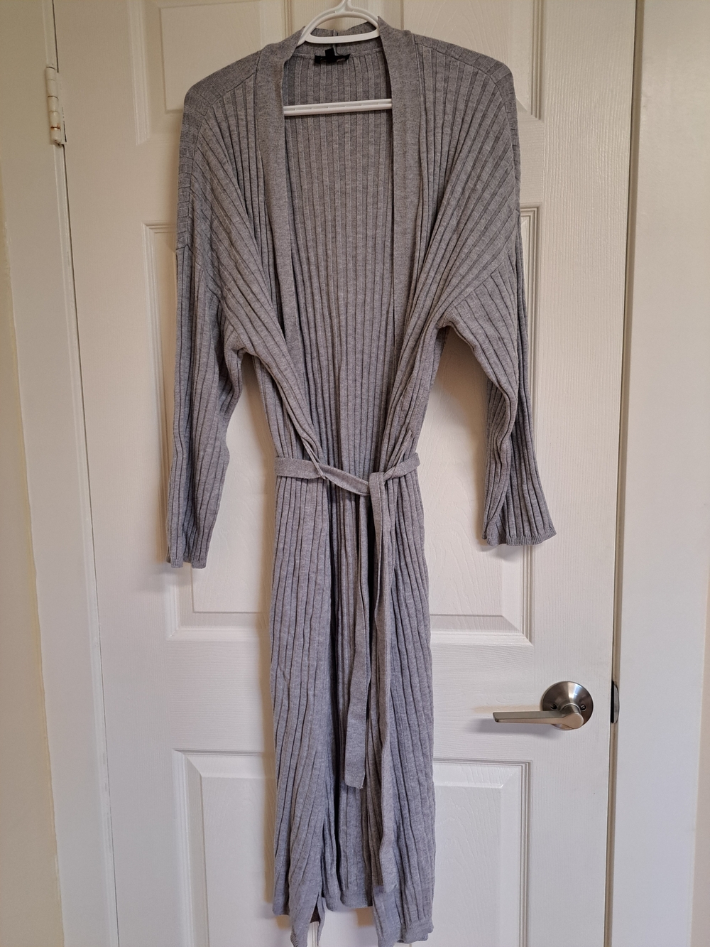 Dynamite Light Gray Ribbed Long Belted Cardigan